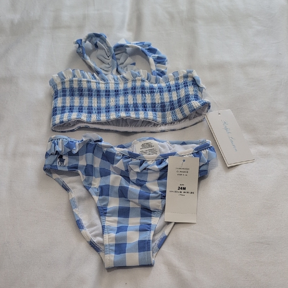 Ralph Lauren Blue and White Gingham Ruffle Bikini Set